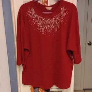 Amana Black & Red Heathered Knit Top w/Sparkling Studded Design 3/4 Sleeves 3X